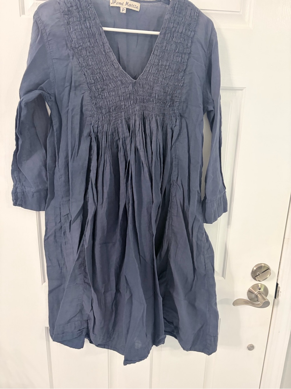 Smocked V-Neck Midi Dress in Slate Blue